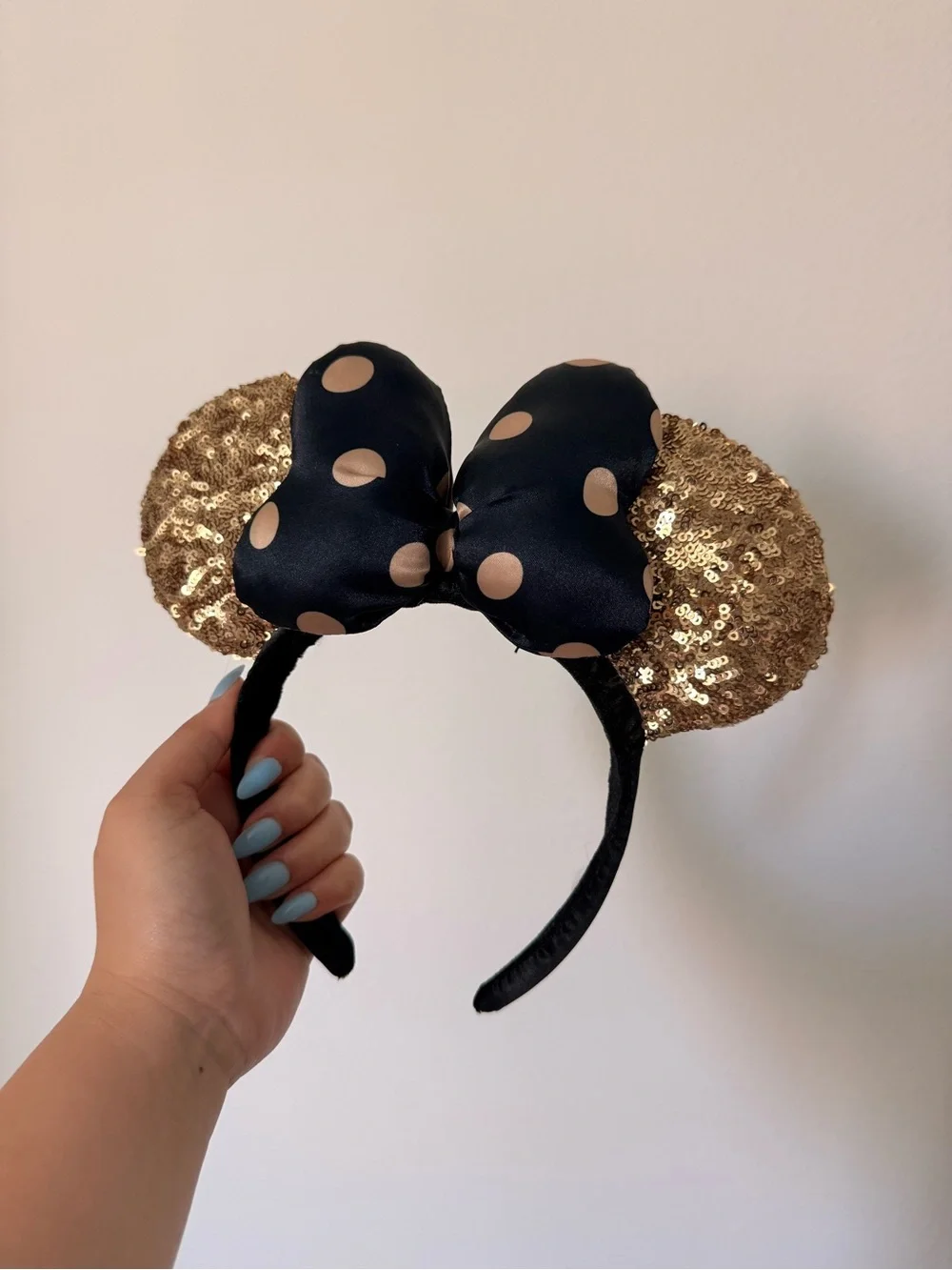 Gold Sequin & Black Polka Dot Bow Minnie Ears Headband